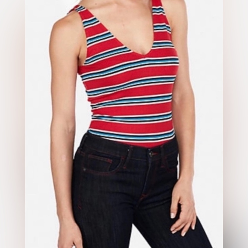 EXPRESS RED STRIPED DOUBLE V-NECK FITTED TANK TOP